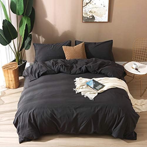 F.Y.Dreams 100% Washed Cotton Duvet Cover for Weighted Blanket 60x80 inches with 16 Ties, Zipper on Long Side/Black Grey/Just Duvet Cover by FYDreams