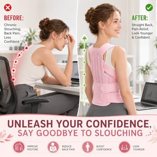 Posture Corrector for Women, Breathable Back Brace for Slouching & Upper Back Pain Relief, Invisible Under Clothes Shoulder Straightener with 4 Support Stays & Anti-Chafing Padded Straps, Pink (pink L) - Image 5