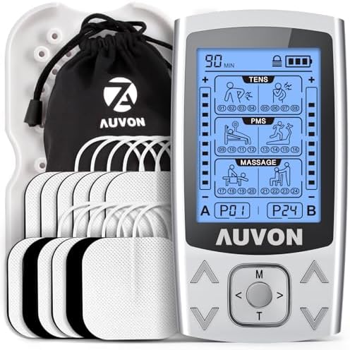 AUVON Dual Channel TENS Unit 24 Modes Muscle Stimulator for Pain Relief,Rechargeable TENS Machine Massager with 12 Pads, ABS Pads Holder, USB Cable and Dust-Proof Storage Bag by AUVON