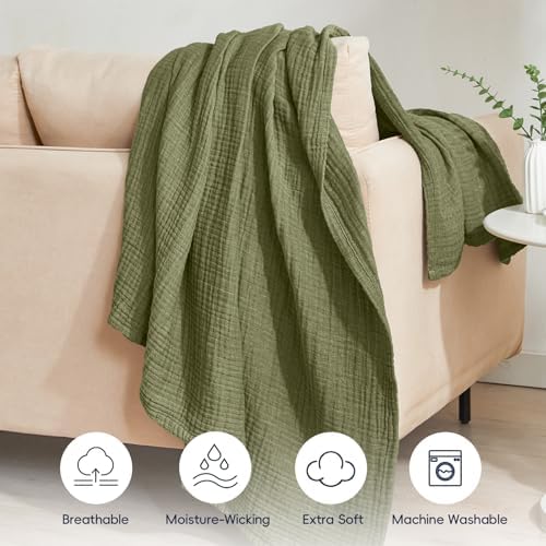 PHF 100% Cotton Muslin Blanket Twin XL Size 66"x90", 4-Layer Lightweight Gauze Throw, Breathable Cloud-Soft Minimalist Blanket for Bed, Couch, Camping & Baby, Olive Green, Ideal Gift - Image 5