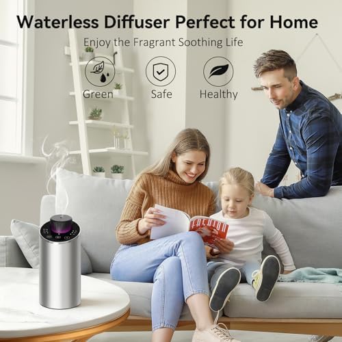Waterless Essential Oil Diffuser Aromatherapy Scent Diffusers for Home Large Room, Bedroom, Car, Office, Desk, Battery Operated Mini Portable Air Freshener, 3 Countdown Timers & 3 Mist Levels, Silver - Image 3