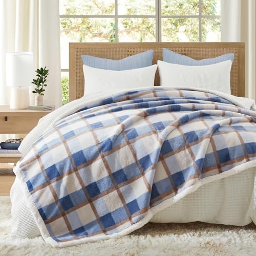 PU MEI Super Soft Faux Rabbit Fur Sherpa Fleece Throw Blanket, Reversible Luxury Cozy Cute Furry Blanket, Plush Warm Shaggy Fluffy Checkered Blankets for Sofa Couch Bed (Blue-Plaid, 60" x 80") - Image 3