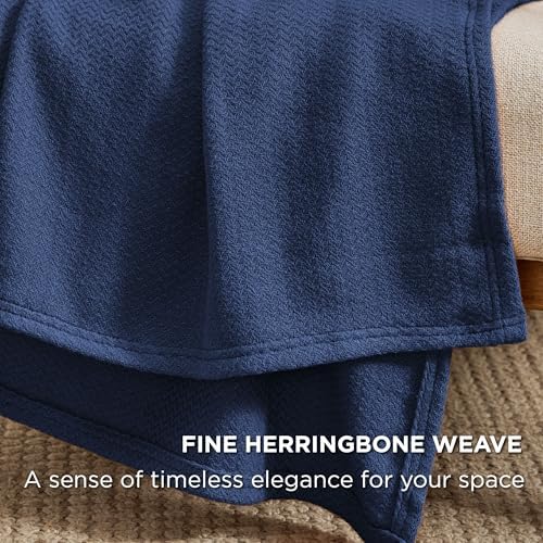 Bedsure 100% Cotton Blanket, Herringbone Weave, Throw XL, Navy Blue - Image 3