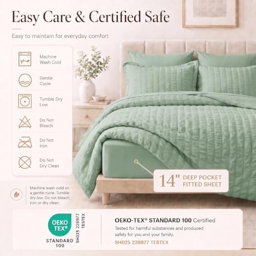 CozyLux Queen Comforter Set, 7 Pieces Sage Green Seersucker Bed in a Bag - Image 5
