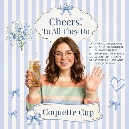 Gift Baskets for Women 9pcs Coquette Bow Birthday Gifts for Teen Girls Blue Cherry Stripe Gift Box Glass Cup Trendy Self Care Spa Stuff for Her Sister Friend Mom Perfect for Sweet 16 18th 21st Bday - Image 3
