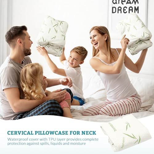 Hahafelt Cooling Cervical Pillowcase (Only Pillowcase) Waterproof Bamboo Neck Pillow Case Ergonomic Pillow Case Cover with Zipper for Side Back Stomach Sleepers(Standard Size,White Green) - Image 6