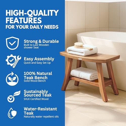 EcoDecors Satori 28-Inch Teak Shower Bench, Natural Finish, Slatted Top - Image 4