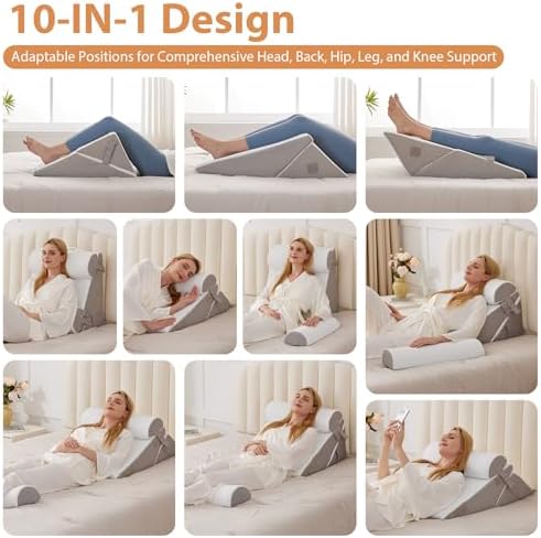 BIEEZZK 4PCS Wedge Pillow Set for After Surgery, Back Pillow for Bed Sitting up, 9&12inch Adjustable Memory Foam Bed Wedges, Pillow Wedge for Acid Reflux, Back Pain Relief, Snoring, White/Grey - Image 2