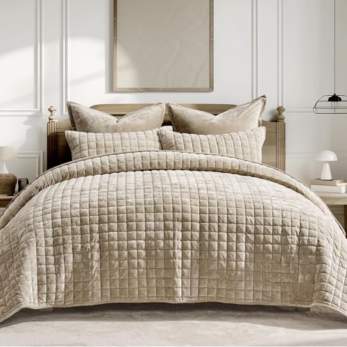 RECYCO Channel Box Stitch Velvet Quilt Set, Full Queen Size, Urban Taupe by RECYCOHOMECOLLECTION
