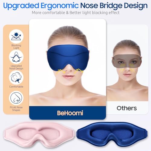 BeHoomi Sleep Mask, 2 Packs Premium Eye Mask for Sleeping, Total Blackout, Superior Soft Comfort, Upgraded 3D Ergonomic Designed Sleeping Mask for Home, Office, Travel, Meditation, Yoga, Blue & Pink - Image 2