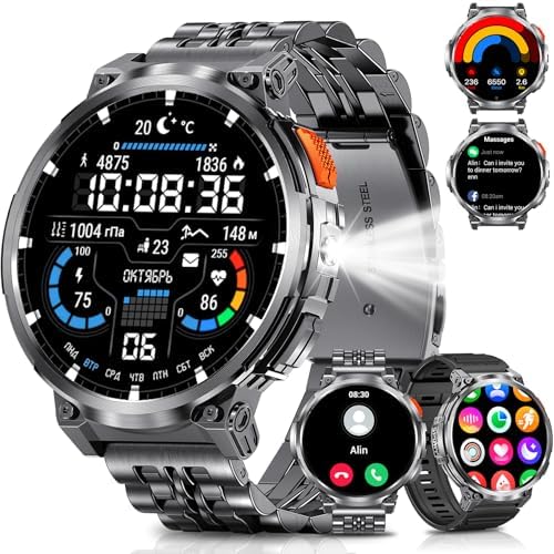 1.85" Big Screen Military Smart Watch for Men with Flashlight, 930mAh Large Battery, IP68 Waterproof, Bluetooth Calling, 114 Sports Modes, Heart Rate/Sleep Monitor for iPhone & Android by Podoeil
