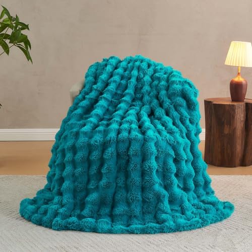 Lotus Karen Faux Fur Throw Blanket Teal - Big Bubble Rabbit Fluff Blanket for Couch Bed Sofa,Softest Fluffy Fuzzy Cozy Blanket,Thick Furry Plush Shaggy Warm Blankets for Women,60x80 Inches by LotusKaren
