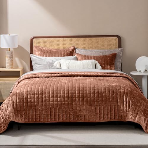 RECYCO Channel Box Stitch Velvet Quilt Set, Full Queen Size, Terracotta - Image 3