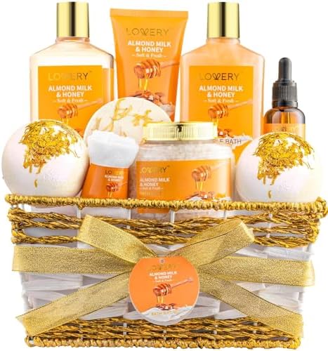 Gifts for Women Gift Basket for Women - 10 Pc Almond Milk & Honey Beauty & Personal Care Set - Home Bath Pampering Package for Relaxing - Spa Self Care Kit - Birthday, Mom, Anniversary Gift by LOVERY