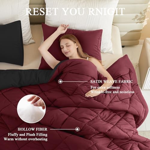 MIOTO 120x98 Oversized King Comforter,Super King Size Comforter Oversized, All Season Soft Lightweight Quilt Down Alternative Duvet Insert with 8 Corner Tabs, Burgundy/Black - Image 2