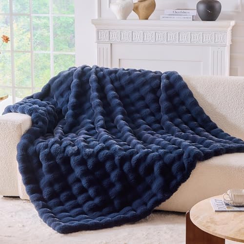 BENVWE Fluffy Faux Fur Throw Blanket for Couch, Soft Plush Thick Cozy Fuzzy Luxury Minky Bubble Blanket for Home Living Room Decor Gift for Women, Navy Blue, 63" x 80", 1100GSM by BENVWE