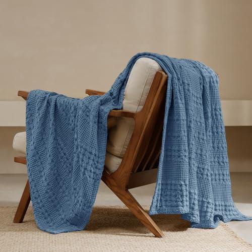 PHF Lightweight 100% Cotton Waffle Throw Blanket for Couch, Denim Blue by PHF
