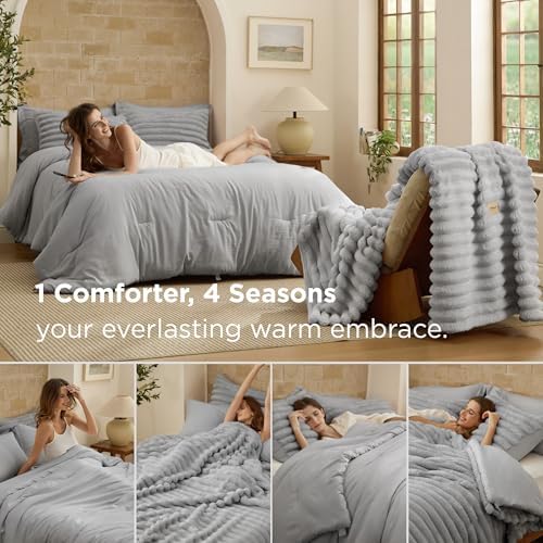 Bedsure Gentlesoft™ 2-in-1 King Size Comforter Set and Detachable Fluffy Blanket, Grey Bedding Set for All Season Use, Detachable Design for Space Saving (Includes 2 Pillow Shams, 2 Pillowcases) - Image 2