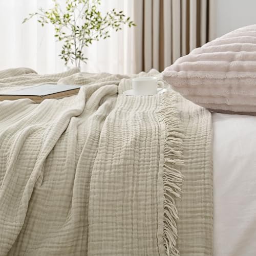 Esterra Muslin Throw Blanket 50x65 Inches Cozy Soft Lightweight Pre-Washed Cotton Blanket, All Season Breathable 4-Layer Gauze Blanket Throw for Sofa Couch Bed, Oatmeal - Image 5