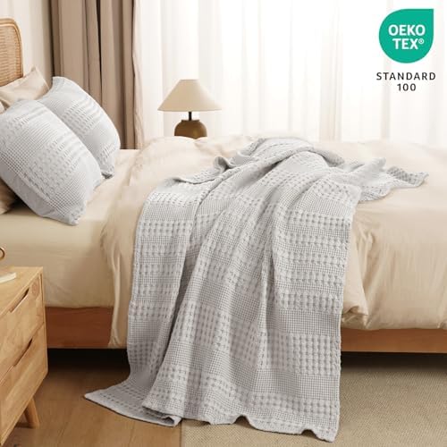 PHF Lightweight 100% Cotton Waffle Throw Blanket for Couch, Light Grey - Image 5