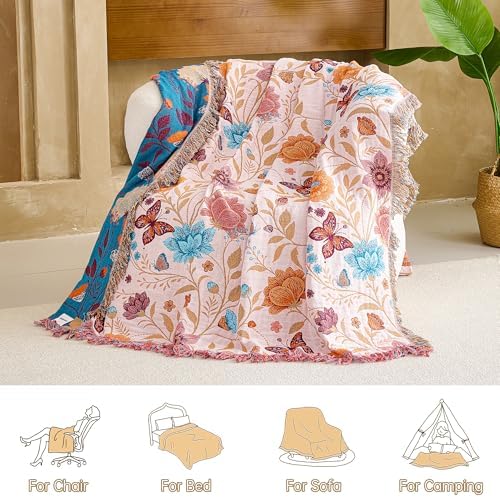 VANJOROY Boho Throw Blanket, 100% Organic Cotton Breathable Ultra Soft 80" x 90" Bed Quilt Throw - All Season Floral Rustic Farmhouse Decor Luxury Reversible Blanket for Sofa Couch Chair and Gift - Image 2