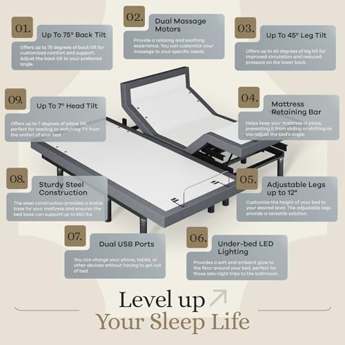 Sven & Son Harmony Adjustable Bed Base, Head and Foot Lift, Massage, Under-Bed Lights, USB, Memory, Zero Gravity Smart Frame - Split King - Image 5