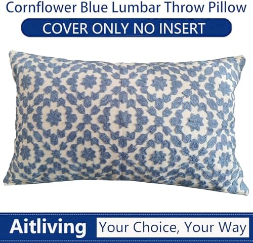 Throw Pillow Cover Embroidered Trellis 12x20 inch Mina Blue Cornflower 30x50cm Decorative Lumbar Pillow Cover Embroidery Cotton Canvas 1pc Della Robbia Blue Cushion Cover - Image 4
