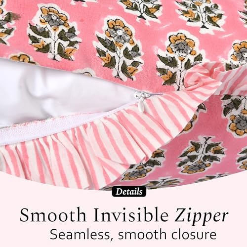 CPC Poppy Pink Ruffle Throw Pillow Covers for Couch, 24x24 Inch Cotton Stripe Ruffle Couch Pillows for Living Room, Hidden 20 Inch Zipper Boho Pillow Case or Cute Outdoor Pillows - Image 3