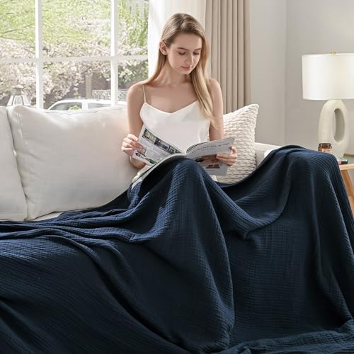 Esterra Muslin Throw Blanket 50x65 Inches Cozy Soft Lightweight Pre-Washed Cotton Blanket, All Season Breathable 4-Layer Gauze Blanket Throw for Sofa Couch Bed, Navy Blue - Image 3