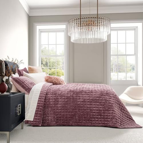RECYCO Channel Box Stitch Velvet Quilt Set, King Size, Dusty Mauve Pink - Image 3