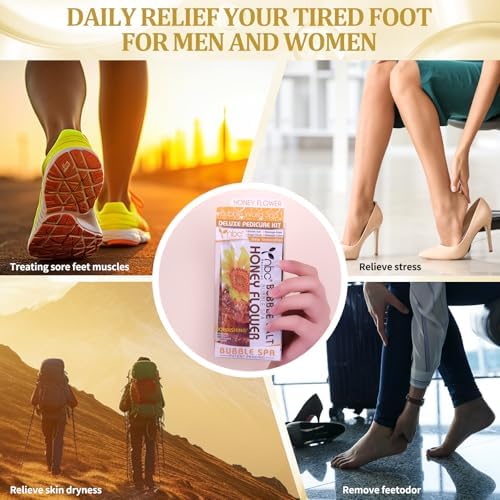 Pedicure Kit Foot Soak Set: Bubble Salt, Sugar Scrub, Massage Mask, Massage Lotion in a Box, 4 Step Foot Spa Kit for Dry Feet,Tired Feet (3 Set Honey flower) - Image 4
