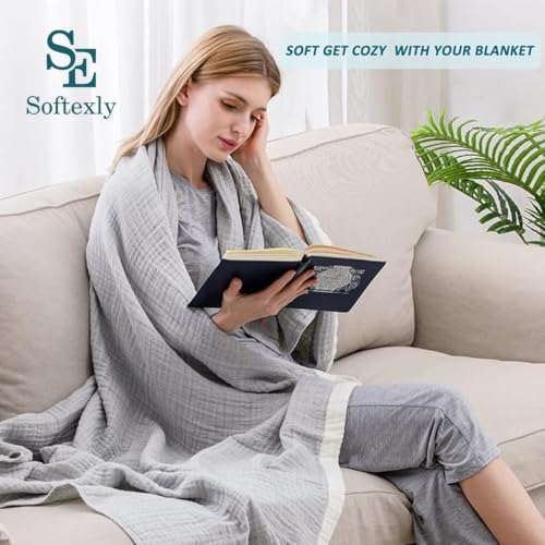 SE SOFTEXLY Muslin Throw Blanket, 4-Layer Dyed Yarn, 80”x90”, Grey - Image 4
