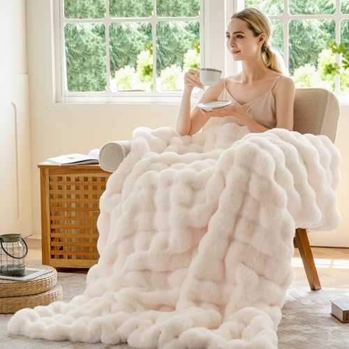 BENVWE Faux Fur Throw Blanket for Couch - Cozy Plush Fluffy Soft Thick Bubble Blanket for Living Room Home Decor - Mothers Day Birthday Gifts for Women, Cream White, 51" x 63" - Image 5