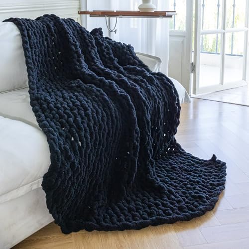 Chunky Knit Throw Blanket for Couch，50x60 Inches Black by Larexius