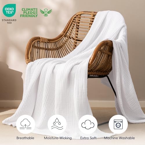 PHF 100% Cotton Muslin Throw XL Blanket Large 50" x 70", 4-Layer Lightweight Gauze Throw, Breathable Cloud-Soft Minimalist Blanket for Bed, Couch, Camping & Baby, White, Ideal Gift - Image 5