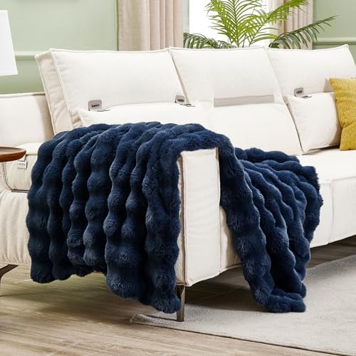 DREAMNINE Soft Faux Bubble Rabbit Fur Throw Blanket for Couch, Thick Cozy Decorative Warm Fuzzy Fur Blanket for Sofa Chair Bedroom Living Room Dorm Gift, 50 * 60 Inches, Navy Blue - Image 6