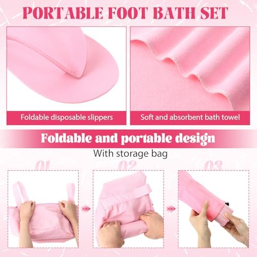 FillTouch 6 Sets Pink Foldable Foot Bath Kit with 15L Foot Soaking Tub Collapsible Towels Women Adult Foldable Slippers Portable Bag Spa Soak Pedicure Bath for Spa Party Sleepover Party Supplies - Image 4