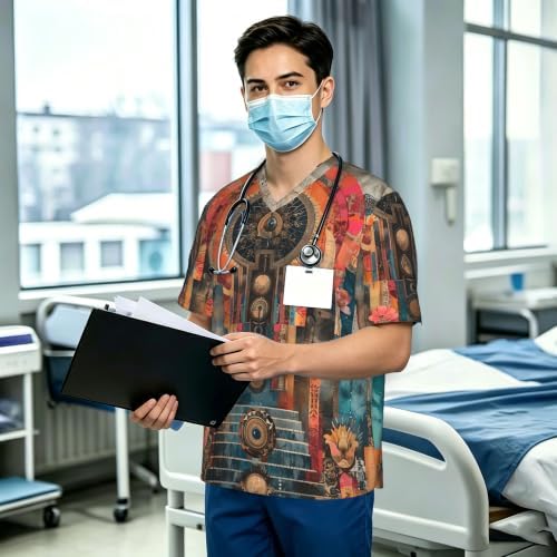 Men's Scrub Top,V-Neck Spill Wrinkle Resistant,3 Pockets-Ornate Collage (3) - Image 3