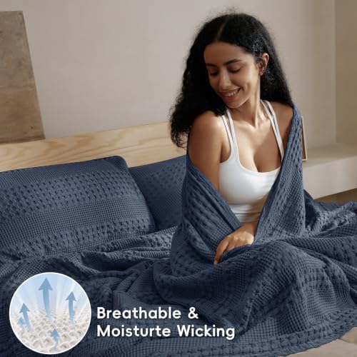 PHF Lightweight 100% Cotton Waffle Throw Blanket for Couch, Indigo - Image 3