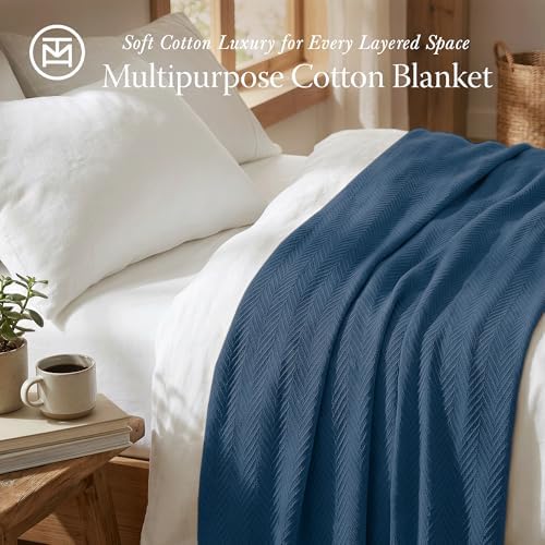Threadmill Luxury 100% Cotton Queen Herringbone Blanket, Folkstone Blue - Image 2