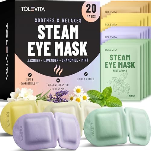 TOLEVITA Steam Eye Mask, 20 Pack Self-Heating Disposable Warm Eye Masks for Relaxation & Comfort, Lavender, Mint, Jasmine & Chamomile Aromas, Spa Sleep Mask, Travel Essentials by TOLEVITA