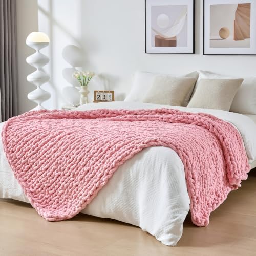 Bigacogo Chunky Knit Throw Blanket for Couch, 51x63 inches, Blush Pink by Bigacogo