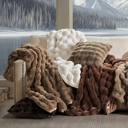 EverGrace Faux Rabbit Fur Bubble Throw Blanket, 60"x80", Chestnut - Image 7