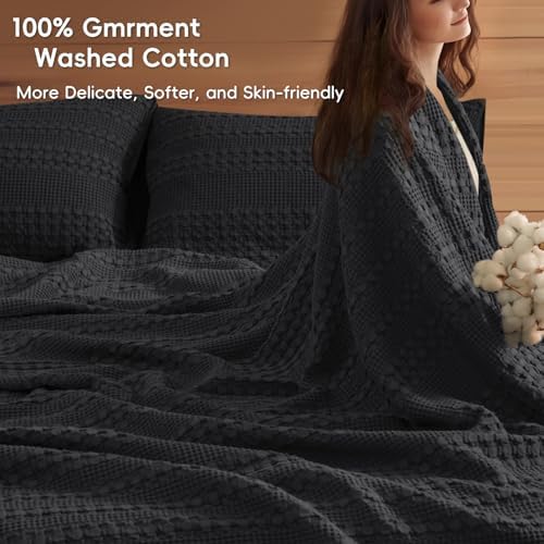 PHF 100% Cotton Waffle Weave Blanket Oversized King for Bed 120"x120"- Giant Big Lightweight Blanket 10'x10' for Bed Sofa - Aesthetic Extra Large Washed Cotton Soft Blanket - Black - Image 2