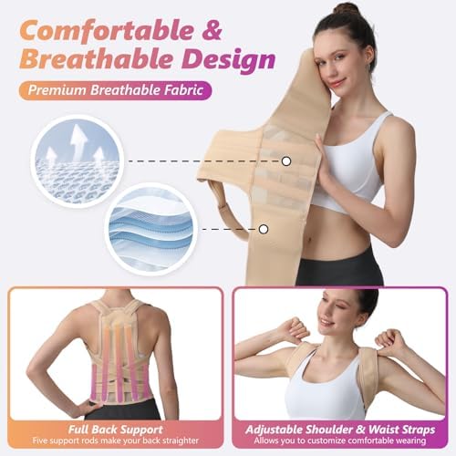 Posture Corrector for Women and Men, Adjustable Shoulder Straightener with Full Back Support, Relief for Lower & Upper Back Pain, Spine, Scoliosis Relief (Beige, Medium) - Image 3