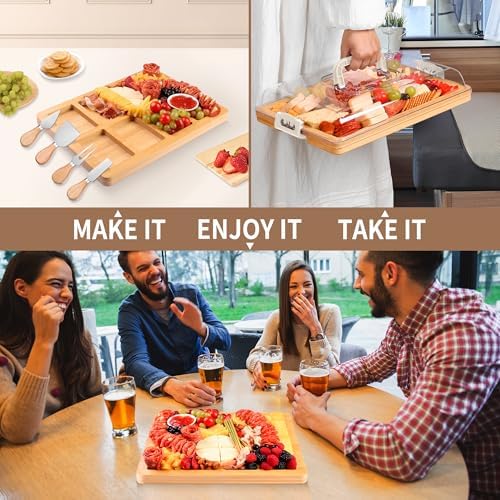CAWIU Charcuterie Board with Lid and Handle - Portable Travel Design Bamboo Cheese Board Set with 4 Cheese Tools, Gift for Housewarming, Weddings, Picnics(8 Compartments, White) - Image 3