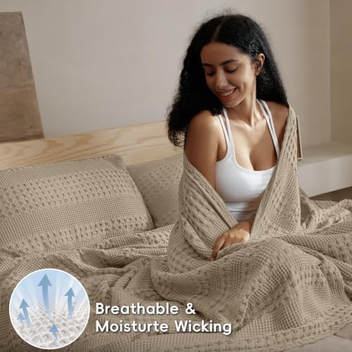 PHF Lightweight 100% Cotton Waffle Blanket for Bed, Queen, Taupe - Image 3