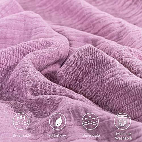 SE SOFTEXLY Muslin Throw Blanket, 4-Layer Dyed Yarn, 90”x102”, Purple - Image 2