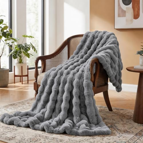 ORINOVA Grey Throw Blanket for Couch Soft Fuzzy Faux Fur Bubble Fluffy Plush Blankets for Women Sofa Accent Warm Cozy 50x60 Blanket for Living Room Bedroom Home Decor - Image 2