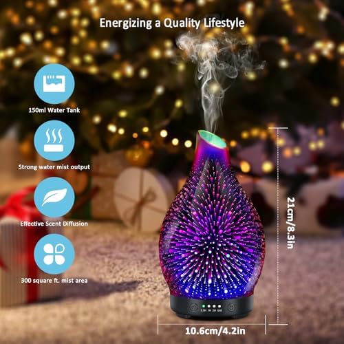 Essential Oil Diffuser 150ML -3D Firework Glass Aromatherapy Diffusers for Essential Oils with 4 Timer Setting Auto Shut-Off Silent Operation 7 Colors Lights Changing, Mothers Day for Room, Office - Image 3